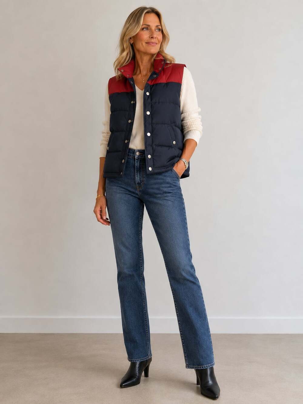 Old Navy Colorblocked Snap-Front Puffer Vest in Navy and Red